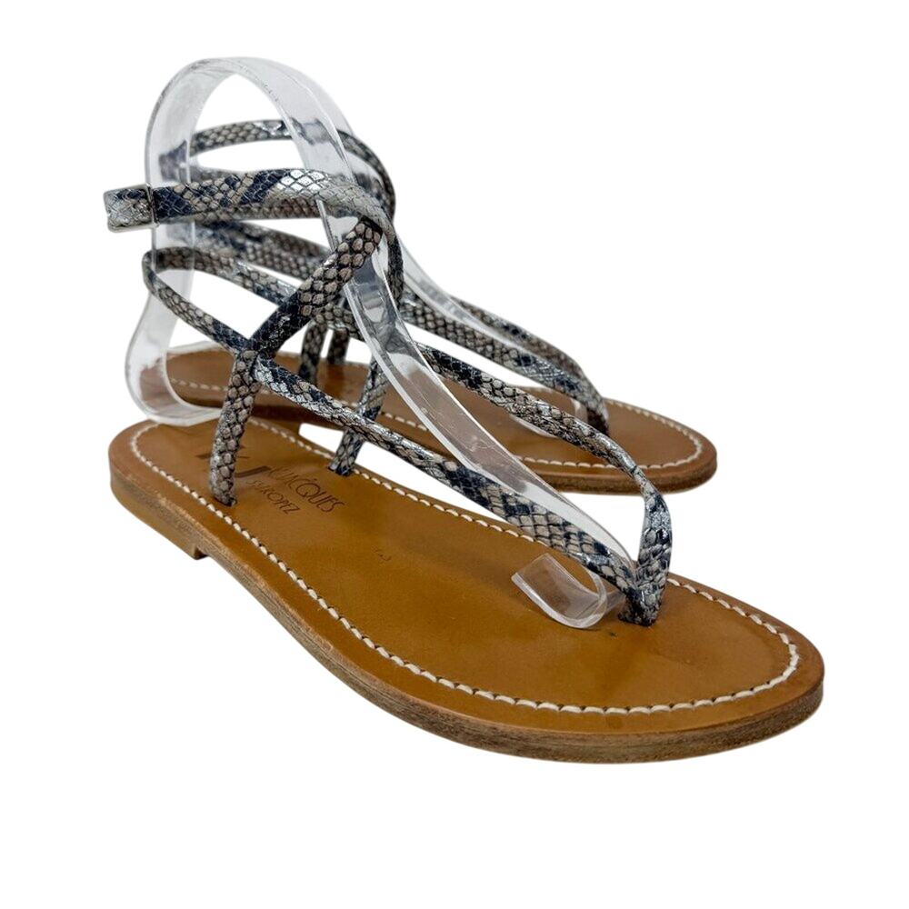 K.Jacques Silver Leather Snake Print Flat Sandals Women's EU Size 37 Thong Style